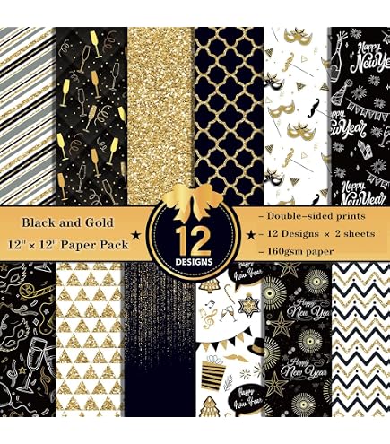 Lot De 24 Feuilles De Papier à Motif De Noël - 30 X 30 Cm, 160 G/m², Noir Et Doré | 12 Designs Différents, Impression Double Face | Pour Scrapbooking, DIY, Emballage - 2