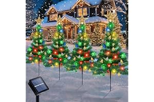 FOHIL Solarna choinka z ozdobną gwiazdą – 4 sztuki z płatkiem śniegu, 80 diod LED, zewnętrzne lampy ogrodowe z dzwonkami do dekoracji