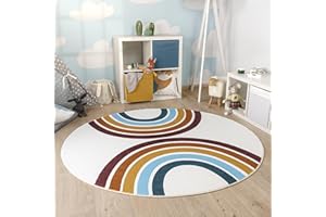 Paco Home Nursery Area Rug Kids Round Rug For Bedroom Girls Boys Rainbow Machine Washable Modern, Size:Ø 160 cm round, Colour:Multicolored 2