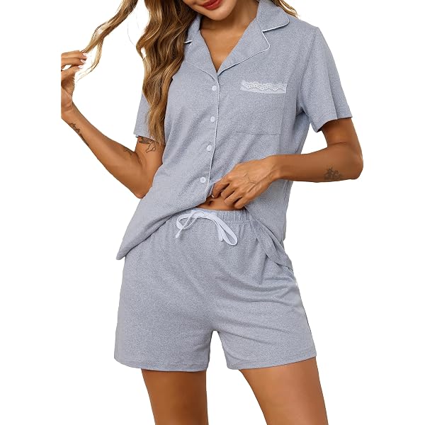 Ekouaer Set Pigiama Da Donna, In Simil Seta/Raso, A Maniche Corte O Lunghe Con Bottoni A Tinta Unita Adatto Per Tutto L Anno Viola S 102542867