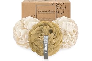 myHomeBody Grande éponge Loofah 70g, éponge de bain, éponge pour le corps, Eponge exfoliante - Pouf de douche pour le lavage du corps avec charbon actif - 2 Oat Milk +1 Caramel, 3 Packs