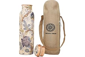 FURNISHFUL FINESSE Bouteille d'eau en cuivre pur avec sac pour boire 963,9 g - Noir antique - Diamant martelé ayurveda - Anti-fuite - Bouteille d'eau en cuivre pur pour salle de sport, bureau, randonnée, extérieur