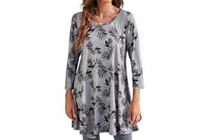 Enmain Tunique Femme 3/4 Manches Longues col Rond Blouse Longues Tunique Top pour Femmes Casual Élégant Chic Floraux Swing T Shirt