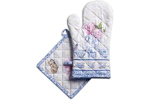 Maison d' Hermine Canton Ensemble de Gants de Four de (19cm x 33cm) et maniques de (20cm x 20cm), 100 % Coton, pour Barbecue, Cuisson, Four, Micro-Ondes, grillades, Printemps/été, Pâques