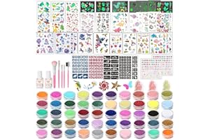 TEUVO 50 Colores Tatuajes Purpurina para Niñas, Tatuajes Temporales Kit con 177 Stencils/25 Pegatinas(Color&Luminosidad) para Niños Glitter Maquillaje para Halloween Navidad Cumpleaños Carnaval