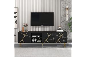 Rtopsu Mobile TV, Tavolo TV Basso per TV Fino a 90 Pollici, Scaffale TV con 3 Ante e 2 Vani a Giorno per Soggiorno, Sala da Pranzo e Camera da Letto, 200x35x60 cm, Legno, Nero