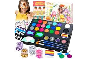 Lubibi Kinderschminke Set,21 Farben Kinderschminke Schminkpalette, Waschbar Face Paint Bodypaint Schminkset, mit 3 Pinsel, 28 Tattoos Schablonen, Make Up Theaterschminke für Halloween Faschin Karneval