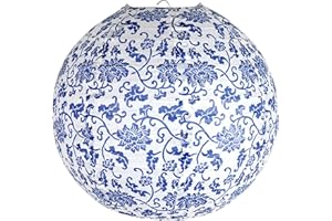 POWERLANTZ Paper Lampshade Hanging Light Shade 30cm, Oriental Ribbed Japanese Ceiling Fixture with Cherry Blossom & Floral Patterns, Perfect for Home Lighting, Wedding,Party & Boho Decor (Blue Porcaline Flower)