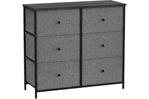 SONGMICS Chest of Drawers, 6 Fabric Drawers with Metal Frame, Storage Organiser Unit, Dresser, for Nursery, Bedroom, Hallway, Grey and Black with Wood Grain LTS323G22