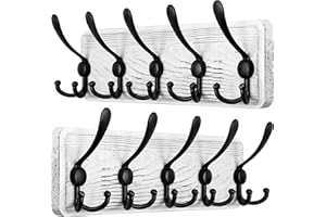 SKOLOO Garderobenleiste Holz, Vintage, Stabile Kleiderhaken Wand mit 5 Dreifachhaken, 2er-Pack, zum Aufhängen von Kleidung, Mantel, Hüten, Jacken, Rucksack, Hakenleiste Holz Schwarz auf Weiß