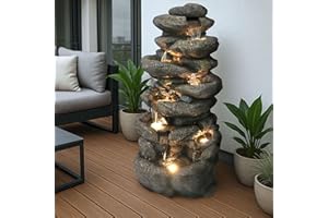 ‎ARNUSA Großer Gartenbrunnen BK902 mit LED Beleuchtung Felsen Wasserfall Springbrunnen große Gartendeko Steinoptik 100 cm