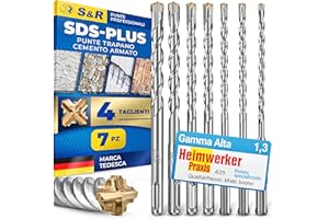 S&R Set Punte Trapano SDS-Plus a 4 Taglienti - 7 Punte per CEMENTO ARMATO e Muratura. Ø 5/6/8/10/12 x 16cm. Punte Professionali per Trapani di Tutte le Marche.