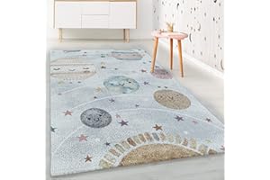 HomebyHome Tappeto per Bambini Tappeto Cameretta Bambino Disegno Pianeta Bianco 160x230 cm - Tappeto Pelo Corto Tappeto Camera Ragazzo - Tappeto Camera bambini Sala giochi Tappeto Cameretta Bambina