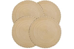 fanquare Round Placemats Set of 4, 38 cm Khaki Cotton Woven Heat Resistant Placemats Pot Mat, Non Slip Washable Table Mat for Kitchen Dinner Table