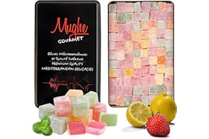‎MUGHE GOURMET Mughe Gourmet Türkische Delight Süßigkeiten, elegante Zinnbox - 750g - Halal, vegan - Lokum Fruchtgeschmack: Rose, Erdbeere, Zitrone, Orange, Minze - Geschenk für besondere Anlässe, Geburtstage