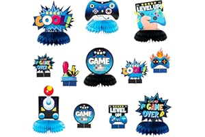 BeYumi 12pcs Blue Video Game Honeycomb Centerpieces Set Level Up Game Over Table Toppers Kit Game Fans Sturdy 3D Table Decorations for Kids Boys Birthday Party Baby Shower Backdrop Decor Supplies