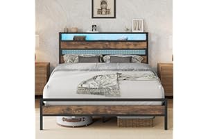 IRONCK 4ft6 Double Bed Frame with Storage Headboard and Charging Station/LED Lights, Metal Platform Bed Frame Double, Reinforced Strong Support Leg, UnderBed Storage, Vintage Brown