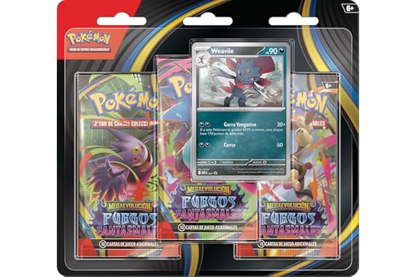 Pokémon: Blíster de 3 Sobres de Mejora de Megaevolución-Fuegos Fantasmales: Weavile de JCC Pokémon (1 Carta holográfica de promoción y 3 Sobres de Mejora)