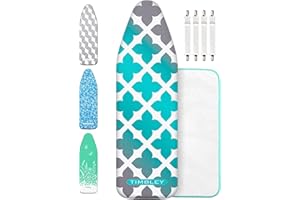 Timbley® Bügelbrettbezug - Extra Dick gepolstert - 3 Lagen - 118-125 x 35-45 (M) - geeignet für Dampfbügelstation/Dampfbügeleisen - Hochwertiger Bügeltischbezug mit Wärmespeicherung - türkis-Grau