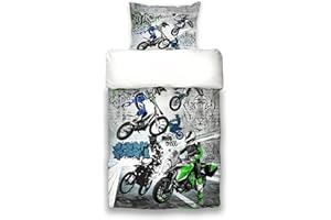‎BETIES beties Motocross Graffiti Jugend Wende Bettwäsche ca. 155x220 cm und 80x80 cm Motorrad Cool feinste Baumwolle Graphit-weiß