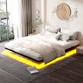 DEWINNER Bed Frame 140 x 190 cm (Includes Metal Slat), Floating Double Bed with LED Lighting, Sturdy Metal Slatted Frame, Sto