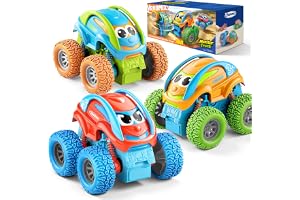 Vroomix Leksaker för pojkar i åldern 3 till 4 år, 3-pack monstertruck leksaker med friktionskraft, 360° roterbar push och go