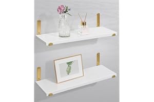 Afuly Mensole da Muro Legno Bianche Oro Metallo Moderne Design Cameretta Bagno Cucina Home Decor, Set di 2
