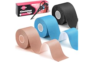 JJSHUND 3 Rolls Kinesiology Tape, Athletic Tape Elastic Waterproof Sports Tape 2 Inch x 16 Feet Uncut Strips Muscle Tape with Scissors for Ankle Wrists Knees Shoulders