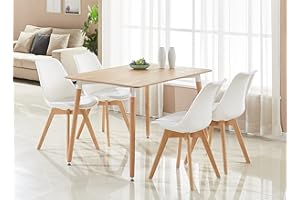 P&N Homewares Rectangular Dining Room Table Set for 4 - Wooden Dining Table & Dining Room Chairs Set of 4 with Cushions - PU Padded Seat w/Solid Wood Legs - Modern Round Dining Set