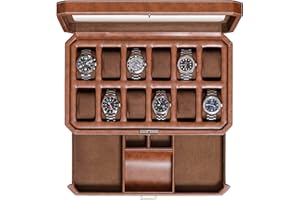 ROTHWELL 12-Fach-Leder-Uhrenbox mit Valet-Schublade – 12-Fach-Luxus-Uhrenetui, Display-Organizer, Microsuede-Einlage, Herren-Accessoires-Halter, Schmuckkästchen, Schmuck-Display-Organizer (Tan/Braun)