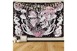 Yrendenge Gobelin z czaszką, motylem, hipisowskim grzybem, wiszący na ścianie, estetyczne gobeliny z ćmą, księżycem i gwiazdami, wystrój pokoju do sypialni, salonu, na uczelnię, 210 x 150 cm