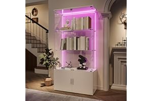 TIMORWTF - Vitrina de cristal con LED, armario para colección, 4 estantes y 4 puertas con cerradura, 2 estantes ajustables, 164 x 78,51 x 35 cm, blanco (blanco, 4 pisos con 4 puertas - Diadema LED)