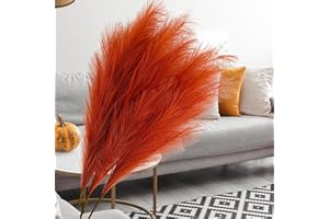 RYDDELIGHOME Faux Orange Pampas Grass For Large Floor Vase and Ornaments, 3 stems Decorative Artificial Flora, Autumnal Decorations Accessories, Autumn Stems Wedding Decorations, Burnt Orange Decor Long Feathers