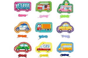 SPRITEGRU 9 Cartes à Lacets pour Enfants, Cartes de Couture Double Face dans 9 Cartes de Véhicules avec 9 Lacets Colorés, Jouets de Lacet pour le Développement de l'Imagination, Activité Éducative pour Enfants.