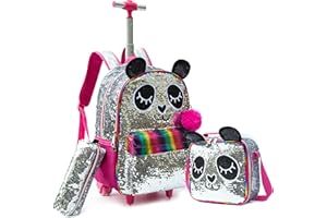 HTgroce Cartable Fille Primaire Roulette 16inch Cartable a Roulette Fille Primaire 3 in 1 Sirène Cartable Fille Roulette,Convient aux Filles Agées de 5 à 12 Ans pour Aller à l'école et Voyager.