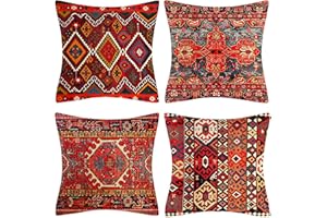 DECORMOMMT Fundas Cojines 40x40cm Decorativas Oriental Alfombra Estampado Rojo Funda Cojin Cuadrado Sofá Bohemio Étnico Lino Vintage Decoración del Hogar