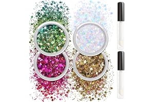 Allstarry Holographic Chunky Body Glitter 4 Colors Cosmetic Face Glitter Face Paint Sparkle Eye Flakes Festival Hair Sequins Mermaid Rave Accessories with Body Glue for Women Makeup Nails DIY Crafts