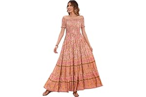 R.Vivimos Estate Donne Boho Floreale off Shoulder Maxi Vestito Manica Corta Smock Flowy Abito Lungo Spiaggia