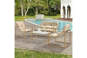 casa.pro Set de Muebles de jardín 4-Piezas Conjunto de Muebles de Exterior Sillón Sofá Mesa de Centro Caqui marrón y Imitación de Madera