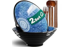 MANGMONG 8 Pouces Ensemble De 2 Grands Bols Ramen En Céramique (8 Pièces), Vaisselle Japonaise Compatible Lave Vaisselle Avec Fourchette Baguettes Et Cuillère Bol à Soupe Salade Cadeaux Pour Hommes Femmes