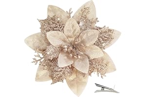 MIKAILE 20 Pezzi Fiori di Natale Artificiali con Clip, Fiori Poinsettia Glitter per Albero di Natale Ghirlanda Decorazioni Natalizie Casa (Champagne)
