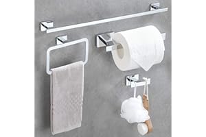 DUFU Set Portasciugamani da Bagno 4 Pezzi in Acciaio Inossidabile Argento - Porta Salviette 40cm, Anello Portasciugamani, Portarotolo, e Gancio | Accessori Multifunzionali per Parete | Design Moderno