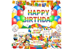 GENERISCH Baustein Party Dekoration, 10 Gäste Bausteine Geburtstag Deko Bausteine Partygeschirr Set,Teller Tischdecke Hintergrund Banner etc Baustein Theme Party Supplies