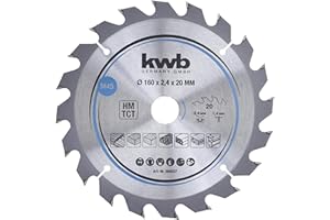 kwb 584557 Lama per seghe circolari per trucioli, legno/legno duro, 160 x 20 mm, tagli puliti, numero medio, 20 denti Z-20, lama per seghe CleanCut media, 160 x 20