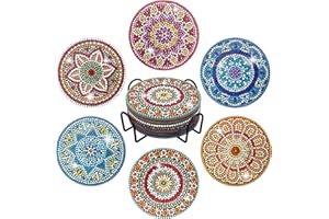 Temlum 6 Pcs Diamond Painting Coasters Kit with Holder, DIY Mandala Diamond Art Coaster Kits for Beginners, Adults Art Craft Supplies