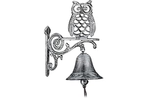Relaxdays Campana Pared Hierro Fundido Búho, Efecto Antiguo, Cuerda, para Exterior, Decoración Jardín, Color Plateado