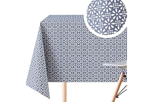 KP HOME Mantel Hule Mesa Rectangular 300x140, Fácil de Limpiar, Grande Mantel PVC, Exterior e Interior, Vinilo Impermeable Antimanchas, Patrón de Flores Retro, Color Azul Marino con Detalles Blancos