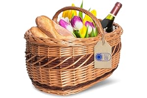 Creative Home Cesta de Mimbre Grande con Asa y Trenza | 52x35x36 cm (+/- 1 cm) Ligera | para Compra Regalo Picnic Plantas Decoración | Tejida a Mano | Marrón Natural | Multiuso, Práctica y Duradera