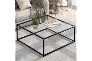 HUHOTE Couchtisch Quadrat Glas Schwarz, Quadratischer Couchtisch Aus Glas, Beistelltisch Wohnzimmertisch Couchtische Glastisch Rechteckig, Coffee Table Quadrat für Wohnzimmer Büro, Metallgestell, 67x67x40 cm