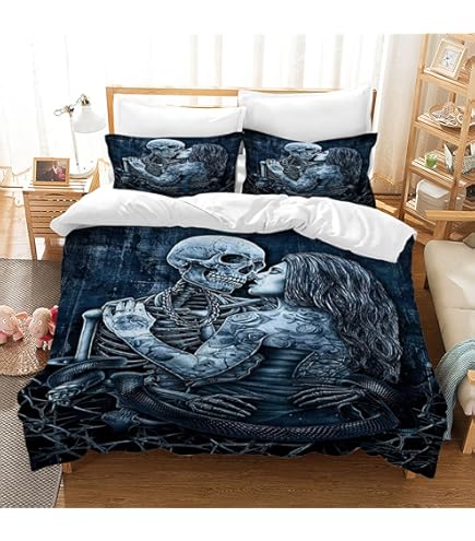 Housse De Couette Adulte Crânes Roses - 220x240cm + 2 Taies 50x75cm - Noir Et Blanc